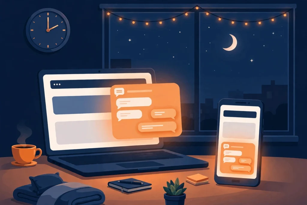 Website chatbot answering a customer at night — your website working while you sleep